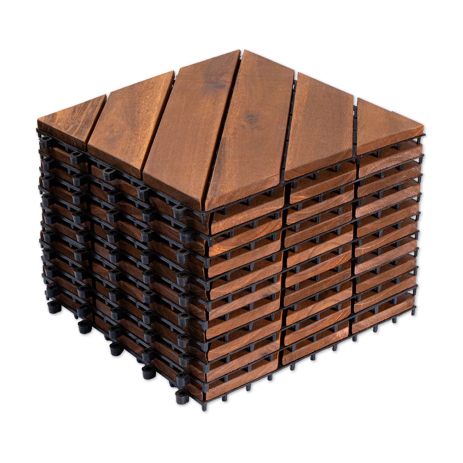 10‑Pack Diagonal Pattern Interlocking Acacia Wood Deck Tiles, 12”×12” Waterproof All‑Weather Outdoor Flooring Tiles for Patio Garden Pool Balcony Porch