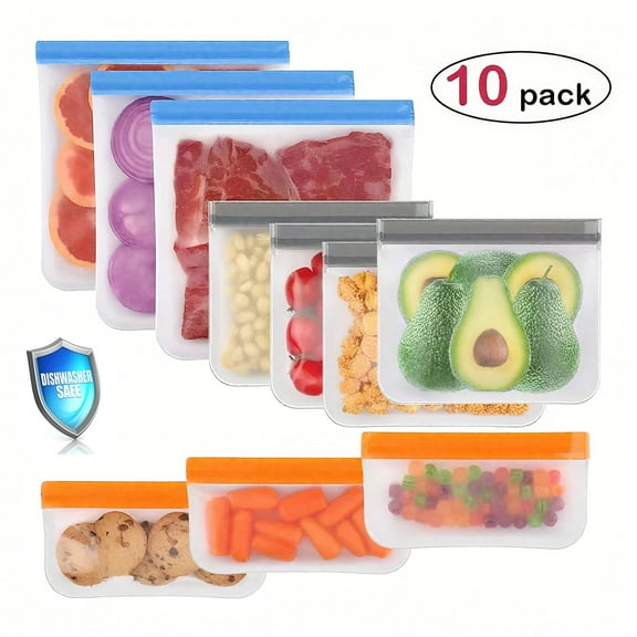 10 Pack Dishwasher Safe Reusable Bags, Leakproof Reusable Freezer Bags, BPA Free Food Storage Bags for Lunch Marinate Food Travel - 3 Gallon 3 Snack 4 Sandwich Bags