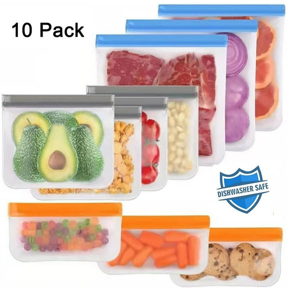 10 Pack Dishwasher Safe Reusable Bags, Leakproof Reusable Freezer Bags, Silicone and BPA Free Reusable Storage Bags for Marinate Food Travel - 3 Gallon 4 Sandwich 3 Snack Bags