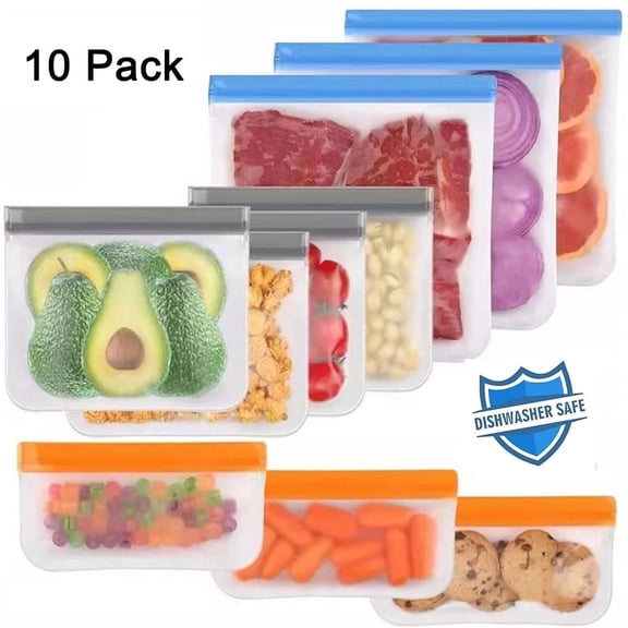 10 Pack Dishwasher Safe Reusable Bags, Leakproof Reusable Freezer Bags, Silicone and BPA Free Reusable Storage Bags for Marinate Food Travel - 3 Gallon 4 Sandwich 3 Snack Bags