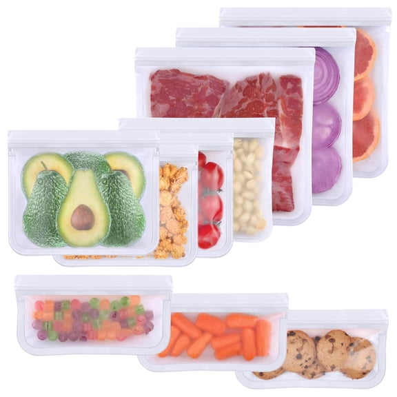10 Pack Dishwasher Safe Reusable Bags, Leakproof Reusable Freezer Bags, Silicone and BPA Free Reusable Storage Bags for Marinate Food Travel - 3 Gallon 4 Sandwich 3 Snack Bags