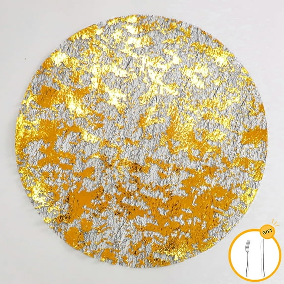 10 Pack Disposable Gold Placemats with 2 Pcs Silverware Set, Metallic Round 13 Inch Foil Mesh Pressed Fall Table Mates Doilies for Dining Table Wedding Birthday Party Holiday Home Decorations
