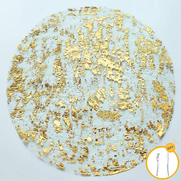 10 Pack Disposable Gold Placemats with 2 Pcs Silverware Set, Metallic Round 6.7 Inch Foil Mesh Pressed Fall Table Mates Doilies for Dining Table Wedding Birthday Party Holiday Home Decorations