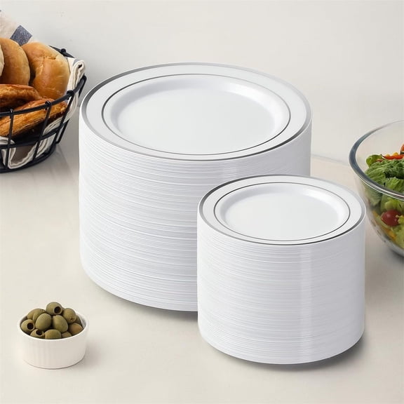 10-Pack Disposable Plastic Plates, Silver Edge Design, for Dinner, Salad, Dessert, Parties, Weddings, Holiday, Durable, Eco-Friendly,10