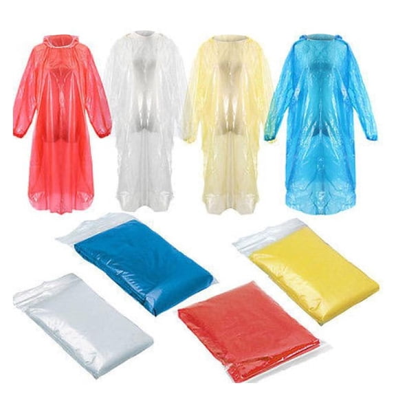 10-Pack Disposable Rain Ponchos for Adults - Waterproof Hooded Emergency Raincoats, One Size Fits Most (48"x36"), Assorted Colors, Durable PE Material for Outdoor Events