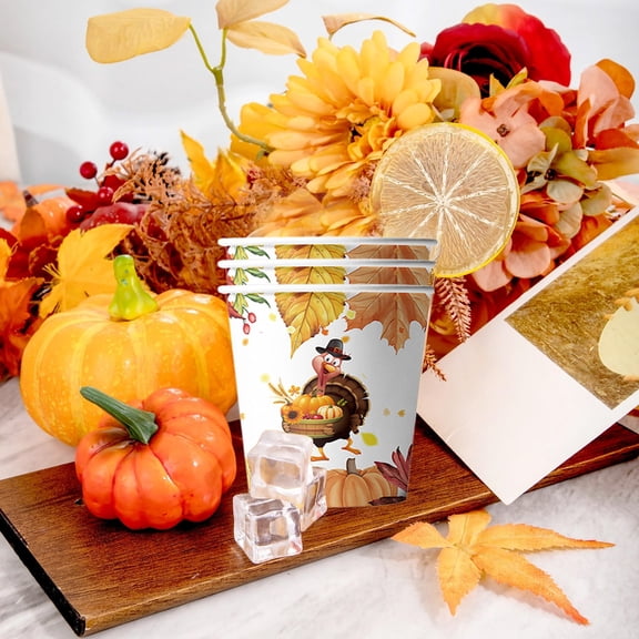 10-Pack Disposable Thanksgiving Paper Cups - Festive Fall Pumpkin & Leaves Pattern, Essential Tableware for Fall Harvests Party, Suitable for Coffee, Cider, Juice at Thanksgiving Gatherings