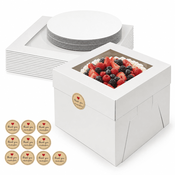 10 Pack Disposable White Cardboard Cake Boxes with Window, 12 x 12 x 8 Inches