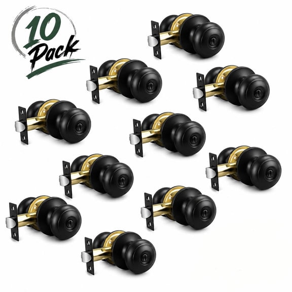 10 Pack Door Knob, Entry Ball Door Knob, Interior & Exterior Door Lock Set for Front Door, Bedroom & Bathroom, Matte Black Finish
