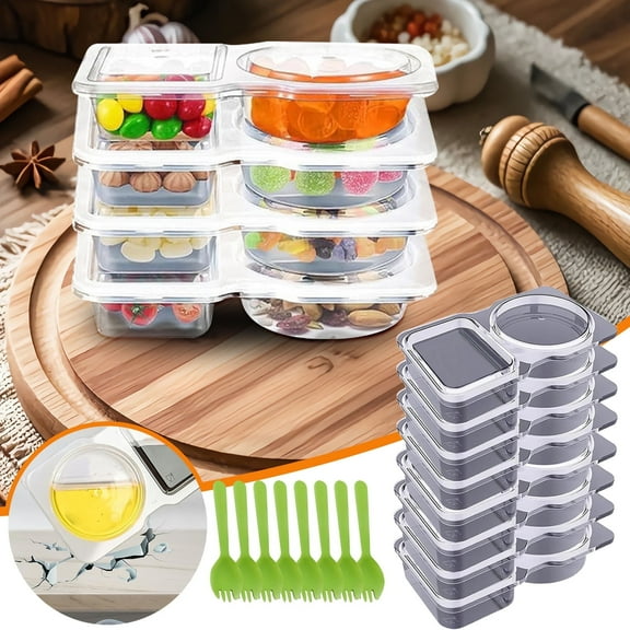 10 Pack Double Compartment Condiment Containers with Lids, 2 Section Snack Cups, 180ml Food Grade Plastic, Reusable DishwasherMicrowave