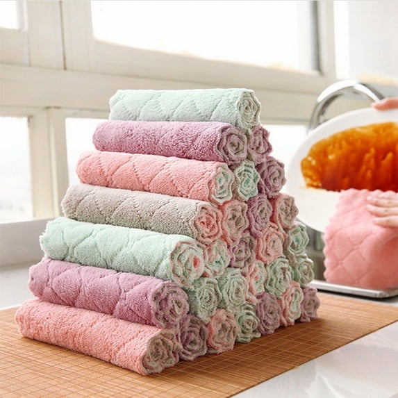 10-Pack Double-Sided Coral Velvet Kitchen Cloths - 25x25cm Absorbent Dish Towels for Cleaning