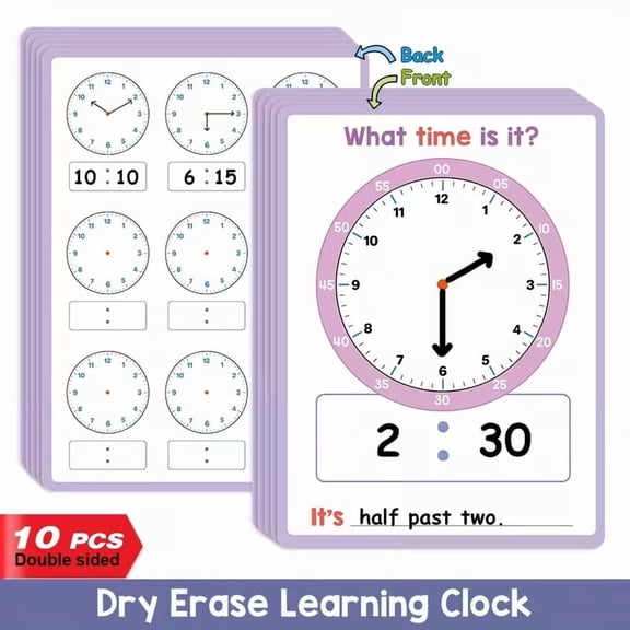 10-Pack Double-Sided Dry Erase Clock Boards for Interactive Time Teaching  K-3 Math Learning Tool