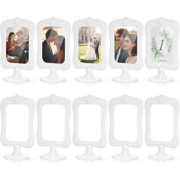 10 Pack Double Sided Standing Picture Frames, 4 x 6 Inch White Plastic Pedestal Photo Frames with Inserts and Base for Table Top Display, Wedding, Menu, Vertical Photo Holder Bulk