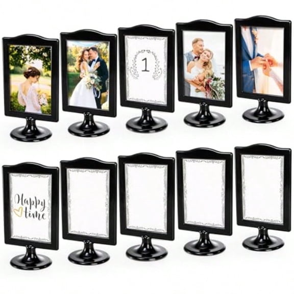 10 Pack Double Sided Standing Picture Frames 4x6 Inch Plastic Pedestal Photo Frame Bulk Two Sided Vertical Picture Holder with Inserts Base Black Display Frame for Wedding Table Number Menu