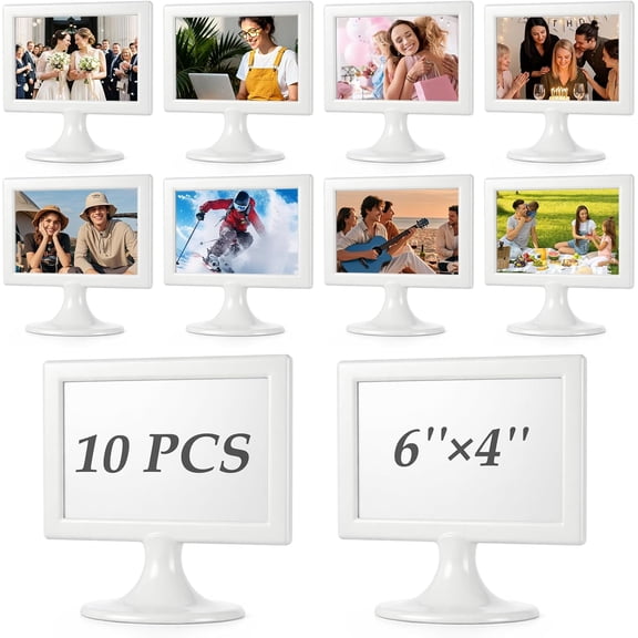 10 Pack Double Sided Standing Picture Frames 6 x 4 Inch Plastic Pedestal Photo Frame Bulk Picture Display Holder Stand for Wedding Table Number Menu(White,Horizontal)