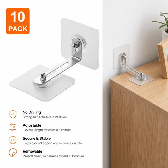 10 Pack No Drill Furniture Anti-Tip Anchors, Self-Adhesive Adjustable Furniture Stabilizer Brackets, Removable Cabinet Wall Safety Straps for Bookshelf, Wardrobe, Dresser and Storage Cabinets