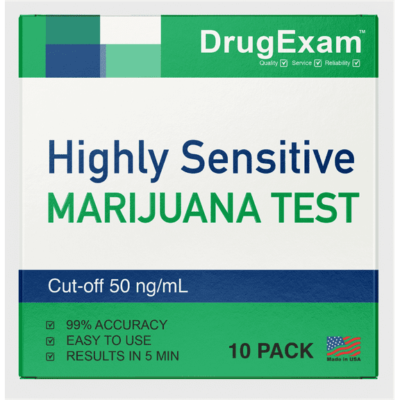 10 Pack - DrugExam Made in USA Highly Sensitive Marijuana THC Testing Drug Test Strip Kit - Marijuana Drug Test with 50 ng/mL Cutoff Level for Detecting Any Form of THC in Urine up to 35 Days.