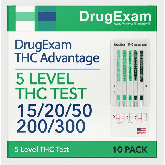10 Pack - DrugExam THC Advantage, Made in USA 5 Level THC Test Testing at 15 ng/mL, 20 ng/mL, 50 ng/mL, 200 ng/mL, 300 ng/mL. Highly Sensitive Marijuana Test. Detailes Instructions Included.