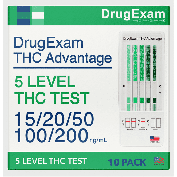 10 Pack - DrugExam THC Advantage, Made in USA Urine DruACg Test Kit. Multi Level THC Test, Testing at 15 ng/mL, 20 ng/mL, 50 ng/mL, 100 ng/mL, 200 ng/mL. Easy to Use, Detailed Instructions Included.
