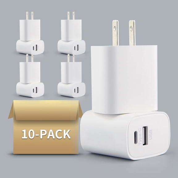 10-Pack Dual-Port USB Wall Charger USB-C & USB-A Output, Total 20 Watt Compatible with iPhone, Samsung & Universal Compatibility"