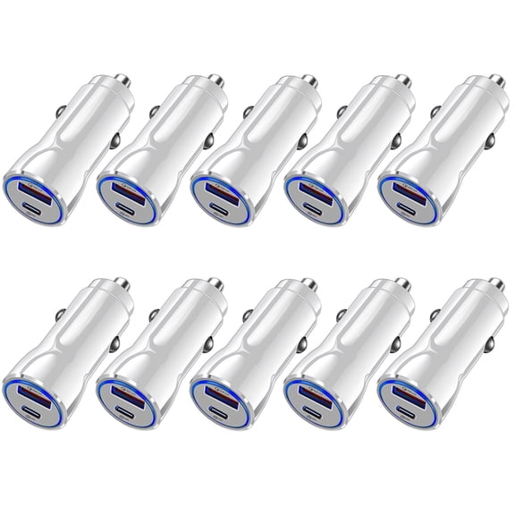 10-Pack Dual USB Car Charger QC3.0 Fast Charging, USB Cigarette Lighter Power Adapter Compatible with iPhone 14 13 12 11 Pro Max Mini X XR 8/7/6, Samsung Galaxy S23 S22 S20 S10 S9, Note20, GPS, White