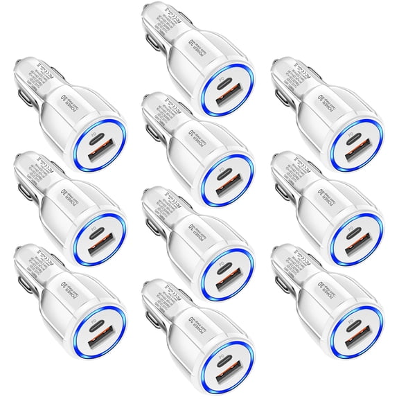 10-Pack Dual USB Car Charger QC3.0 Fast Charging, USB Cigarette Lighter Power Adapter Compatible with iPhone 14 13 12 11 Pro Max Mini X XR 8/7/6, Samsung Galaxy S23 S22 S20 S10 S9, Note20, GPS, White