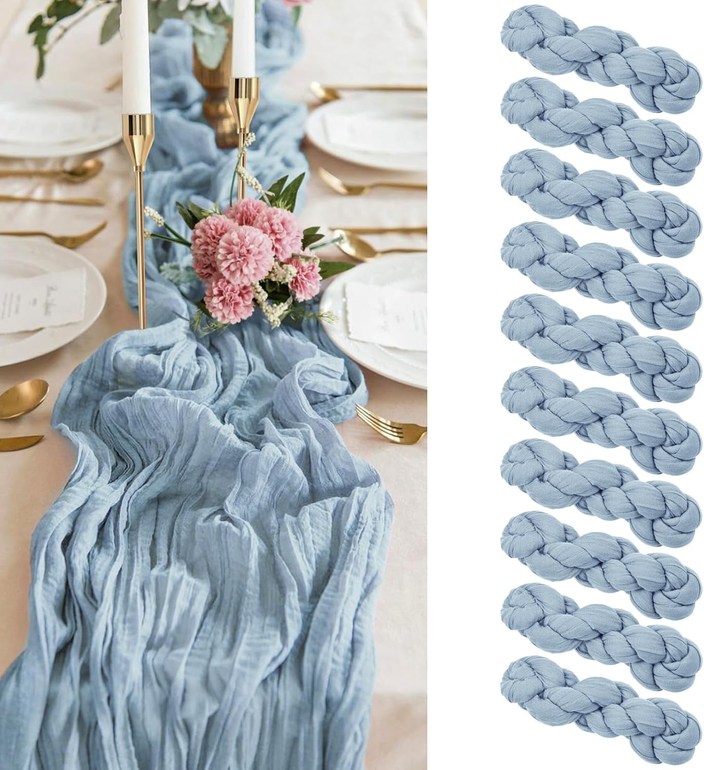SOIKIMU 2 Pack Dusty Blue Cheesecloth Table Runners - 10ft Long Boho Rustic Gauze Decor For Weddings, Showers & Parties