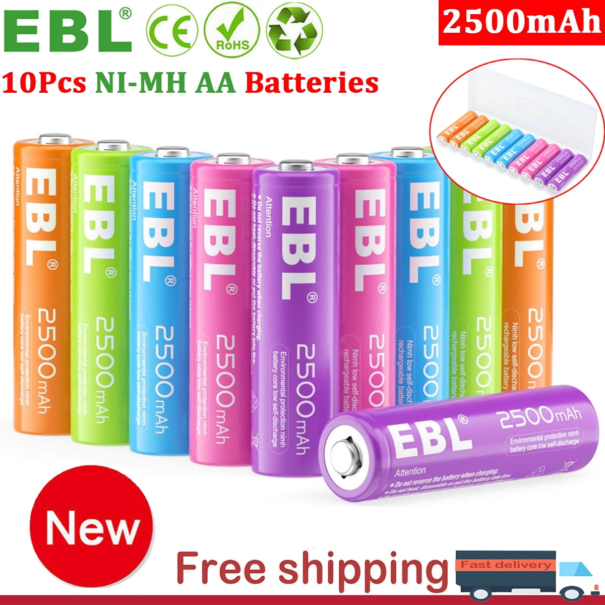 10 Pack EBL AA NiMH Rechargeable Batteries 2500mAh ( 5 Colors in One