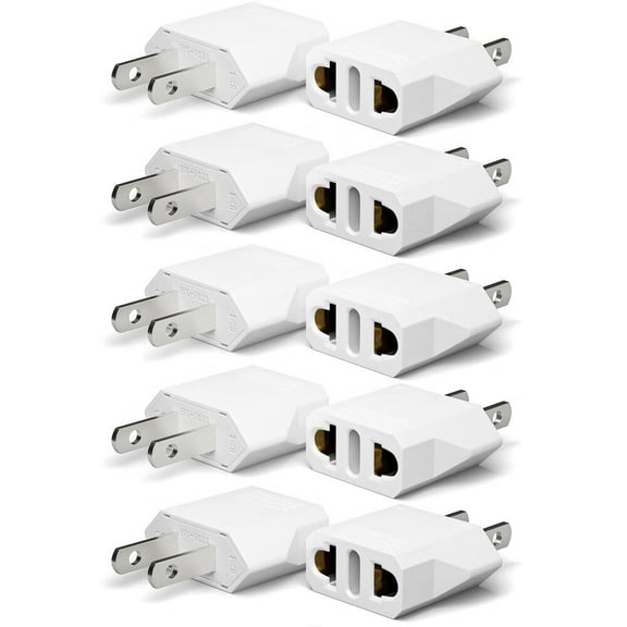 10-Pack EU Europe to US Plug Adapter,Type A Outlet,European to American,Canada,Mexico Wall Plug Adapters,White