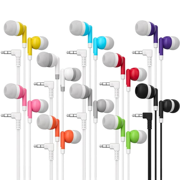 10 Pack Earbuds Headphones - School / Library / Office Supplies Wholesale Bulk Replacement Earphone Earbuds for Kids, Adults - Individually Bagged Gift - Assorted Colors