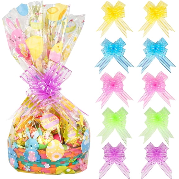 10 Pack Easter Jumbo 32 x 22 Inches Easter Bunny Wrap Bags Cellophane Gift Wrap with 10 Pieces Pull Bows