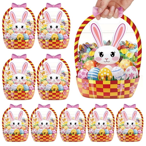 10 Pack Easter Treat Bags,Plastic Clear Cellophane Bunny Basket Easter Bags,Easters Gift Bag with Handles for Goodie Cookies Gift Wrapping and Holiday Party Favor Supplies