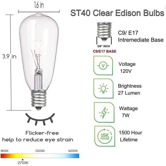 10 Pack Edison Replacement Light Bulbs for Outdoor String Lights, ST40 7W E17 Base Clear Glass Incandescent Bulbs Waterproof for Patio Backyard Bistro Cafe Garden Decorations, Warm White 2200K