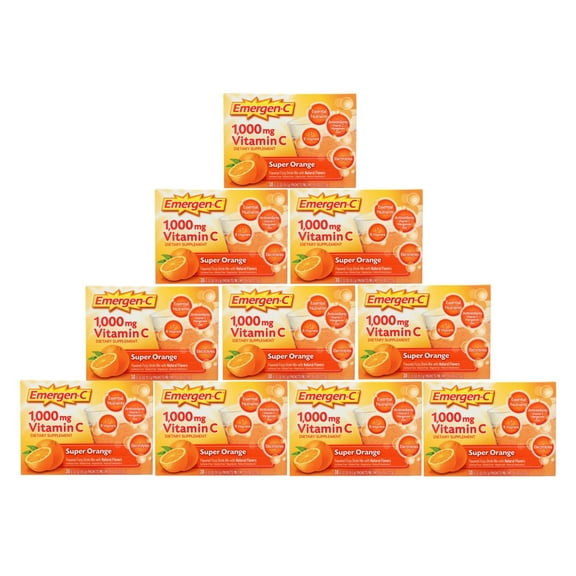 10 Pack - Emergen-C 1000Mg Vitamin C Powder for Immune Support Super Orange, 30 Count, 0.32 Oz Packets