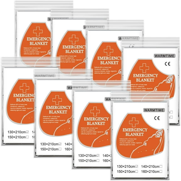 10 Pack Emergency Mylar Blankets, Survival Thermal Blanket for Rescue, First Aid Silver Foil Blanket Bulk, Safety Winter Heat Reflective Aluminum Blankets for Hiking, Camping, Marathons Outdoor