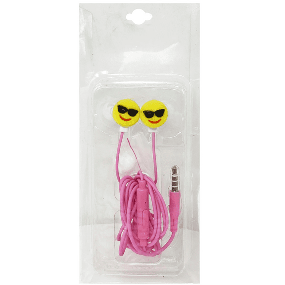 10 Pack Emoji Sunglasses Earbuds, Wired 3.5mm Plug, Soft Comfortable Fit, In Line Control for Volume, Tracks, Stylish Design, Compatible with Older Phones, Plug Extensions, Bulk, Pink, Yellow