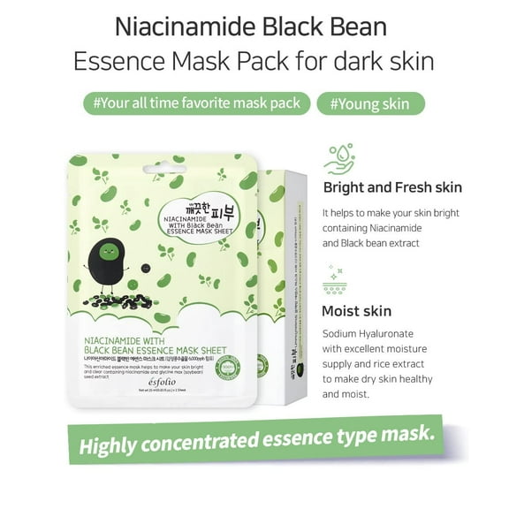 (10 Pack) Esfolio Pure Skin Black Bean Essence Korean Face Mask Sheet Soothing Moisturizing