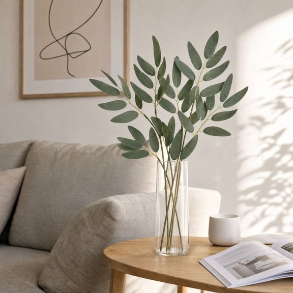 10 Pack Faux Eucalyptus Stems with Dark Green Willow Leaves, Artificial Greenery Stems for Home Decoration