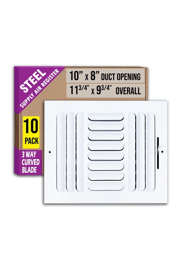 [10 Pack] Fits 10x8 Duct Opening 3 WAY Fixed Curved Blade Air Supply Diffuser by Handua | Register Vent Cover Grille for Sidewall and Ceiling | White | Outer Dimensions: 11.75" X 9.75"