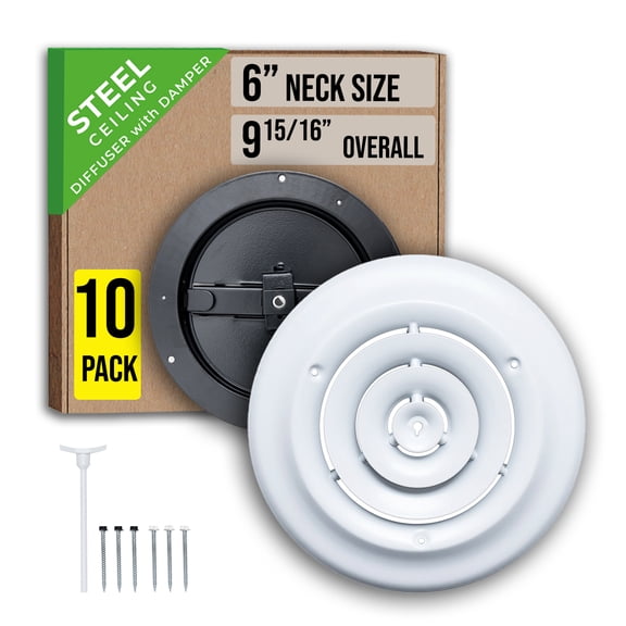 [10 Pack] Fits 6 Inch Neck Air Duct | Steel Round Air Supply Diffuser for Ceiling by Handua | 6" Neck Steel Butterfly Damper Included | Round Diffuser Vent Cover | White | Outer Dimension: 9-15/16"