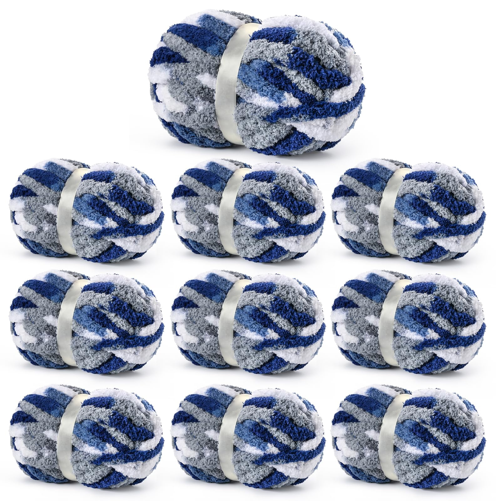 10  Fluffy Chunky Chenille Yarn for Crocheting,  Chunky Blanket Yarn for Hand Knitting, 240yds/70.5oz  Bulky Variegated  Blanket Yarn(Blue-White)