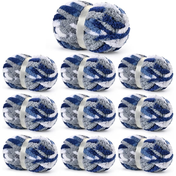 10 Fluffy Chunky Chenille Yarn for Crocheting, Chunky Blanket Yarn for Hand Knitting, 240yds/70.5oz Bulky Variegated Blanket Yarn(Blue-White)