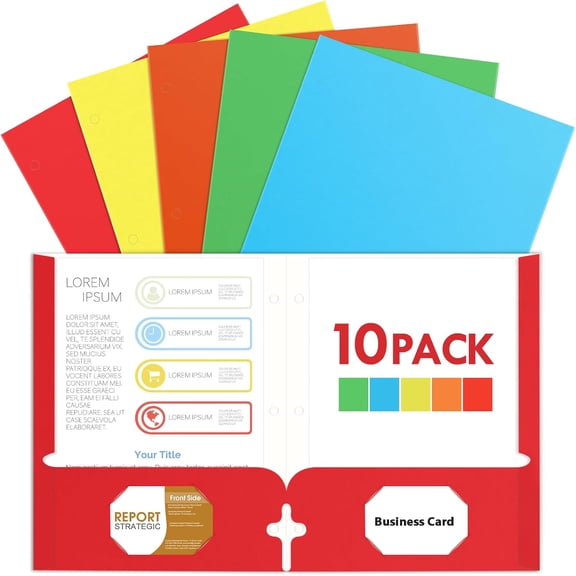 10 Pack Folders with Pockets, 2 Pocket Letter Size File Folders for School | Assorted Colors, 3 Hole Punched with Business Card Slot, 100 Sheets Capacity, Suitable for Office Home, Back to School