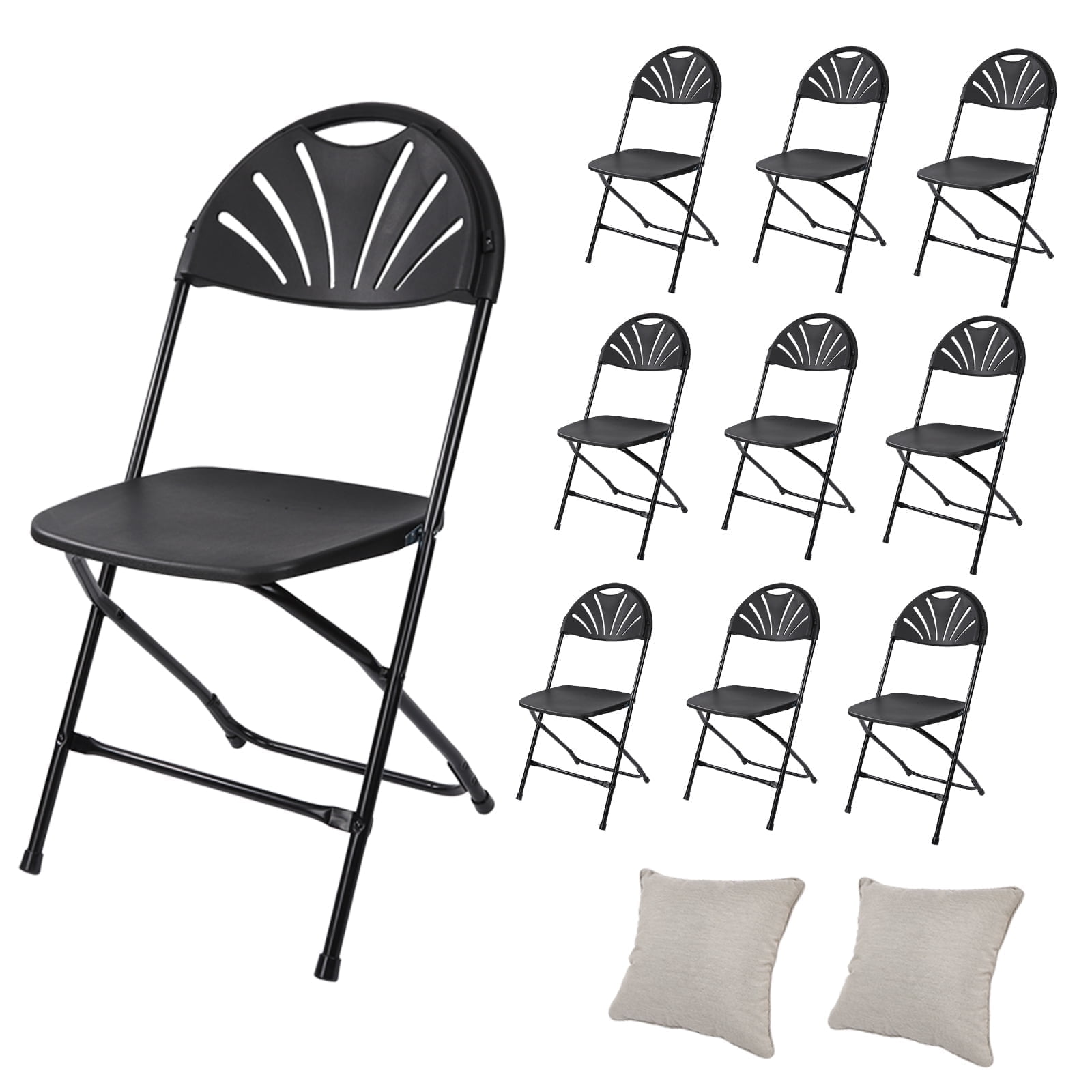 10 Pack Folding Chair Fan Back Portable Plastic Chairs for Events Office Wedding Party Picnic Kitchen, Black