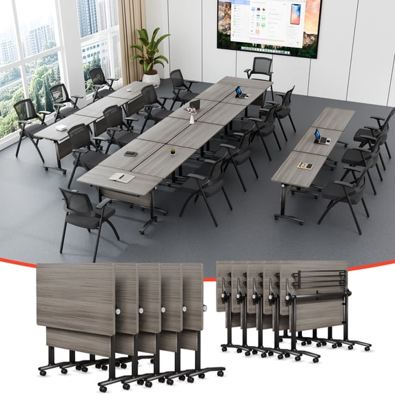 10 Pack Folding Conference Table, 61 Inch Mobile Training Table with Wheels,Business Style Flip Top Seminar Tables for Small Office Meeting Room Classroom(Elm)