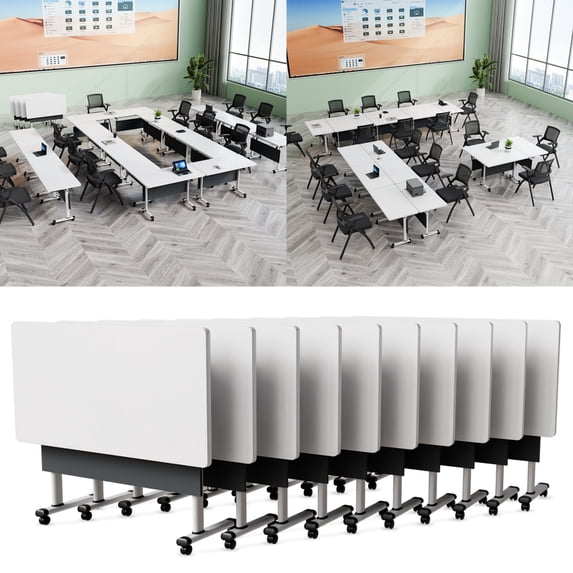 10 Pack Folding Conference Table, 61 Inch Mobile Training Table with Wheels,Business Style Flip Top Seminar Tables for Small Office Meeting Room Classroom(White Gray)
