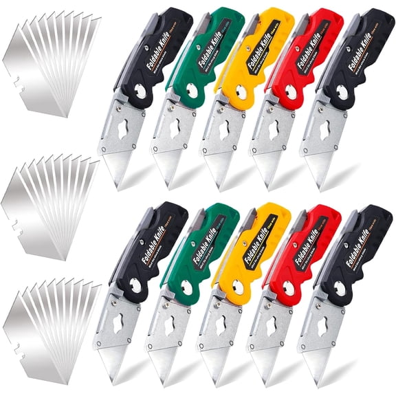 10 Pack Folding Utility Knife, Folding Box Cutter with 30 Extra Blades, Heavy Duty Utility Knife, Pocket Box Cutter for Cardboard, Boxes, Stainless Belt Clip, Quick Change Blades