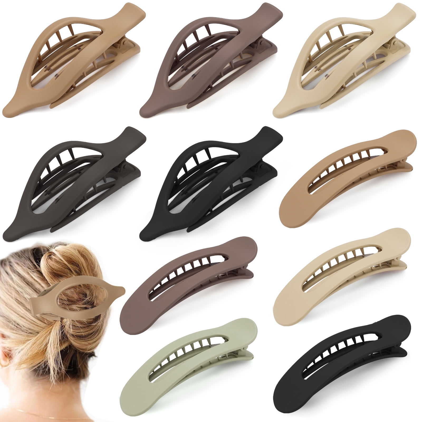 10 Pack French Concord Claw Clips for Women Girls, 2 Styles Flat Hair Clips, Matte Claw Clips for Thick Hair, Strong Hold Duck Billed Clips, Neutral Color Flat Claw Clips for Thick Hair