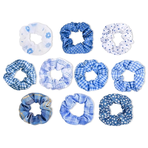 10-Pack Fruit Plaid Polka Dot Scrunchies for Women Girls, Stretchy Elastic Hair Ties No Damage, Bulk Ponytail Holder Hair Bands, Soft Fashion Hair Accessories for Thin Thick Hair (Blue)