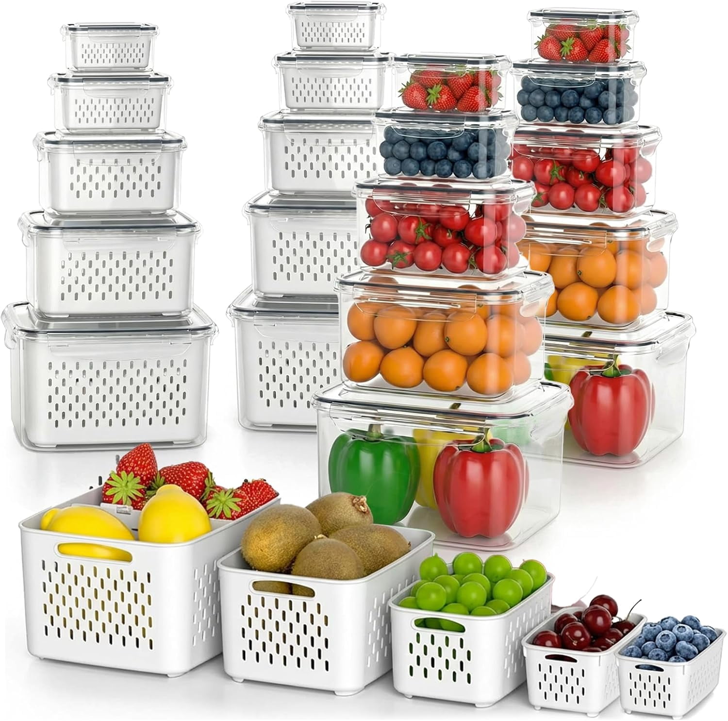 10 Pack Fruit Storage Containers for Fridge with Removable Colander, Leakproof Produce Saver for Berries, Vegetables & Lettuce, All-in-One Washing & Storage Set, BPA Free