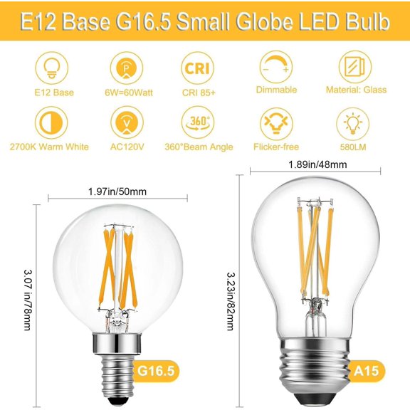 10 Pack G16.5 Light Bulbs,Small Globe Bulbs Dimmable 6W E12 LED Bulbs,Equivalent 60W 580lm, 2700K Warm White,AC120V,Flicker Free for Ceiling Fans Pendant Chandelier Bathroom
